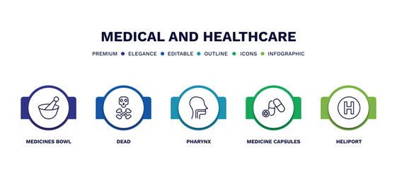 set of medical and healthcare thin line icons. medical and healthcare outline icons with infographic template. linear icons such as medicines bowl, dead, pharynx, medicine capsules, heliport vector.