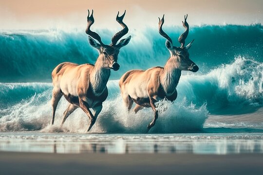 Two Antelope Running in Waves on Beach - AI Generated