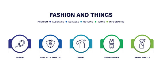 set of fashion and things thin line icons. fashion and things outline icons with infographic template. linear icons such as tasbih, suit with bow tie, smeel, sportswear, spray bottle vector.