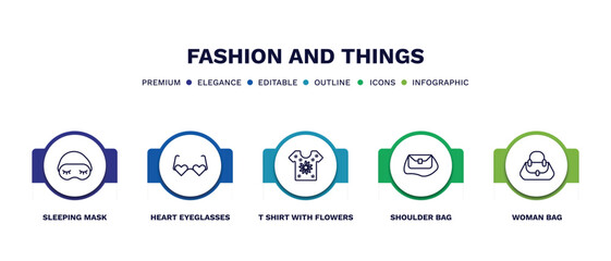 set of fashion and things thin line icons. fashion and things outline icons with infographic template. linear icons such as sleeping mask, heart eyeglasses, t shirt with flowers, shoulder bag, woman