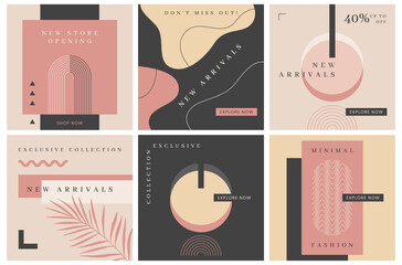 Promotion square web banners. Neutral abstract sale backgrounds. New arrivals. Layout templates for social media, mobile apps or banner design.