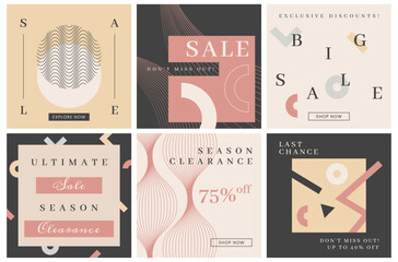 Promotion square web banners. Neutral abstract sale backgrounds. New arrivals. Layout templates for social media, mobile apps or banner design.