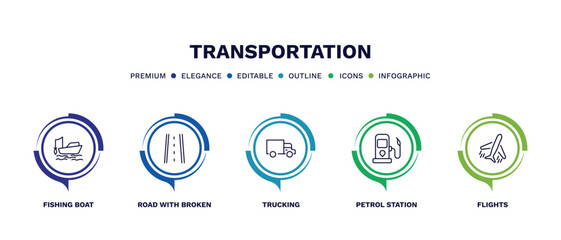 set of transportation thin line icons. transportation outline icons with infographic template. linear icons such as fishing boat, road with broken lines, trucking, petrol station, flights vector.
