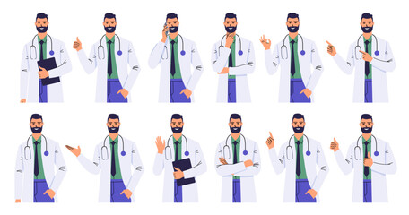 Portrait of a doctor with different poses and gestures. Man showing thumbs up, ok, hand, index fingers. A doctor in a white coat thinks, crosses his arms, gives advice, greets, calls. Flat vector.