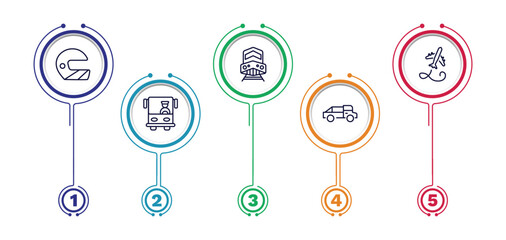 set of transportation thin line icons. transportation outline icons with infographic template. linear icons such as motorsport, diesel train, flying airplane, bus front with driver, midget car