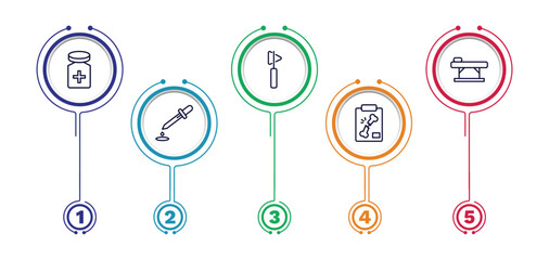 set of medical and healthcare thin line icons. medical and healthcare outline icons with infographic template. linear icons such as cure, medical hammer tool, table of treatments, dosage tool, x ray