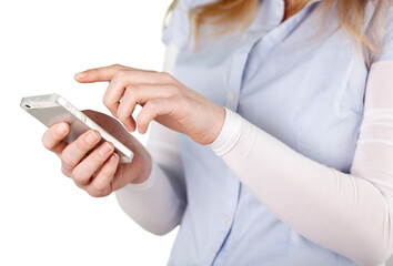 Woman hands holding smartphone isolated on white