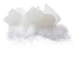 Rock Sugar mix refined ground dust fly explosion, white crystal Rock Sugar abstract cloud floating. Big Rock Sugar splash throwing in air. white background isolated high speed freeze motion