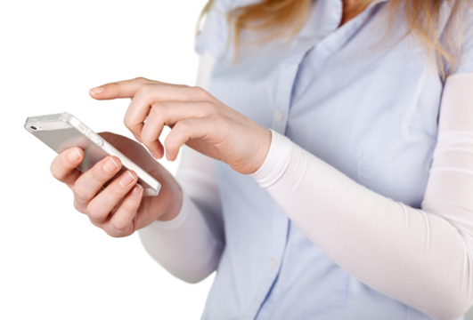 Woman hands holding smartphone isolated on white
