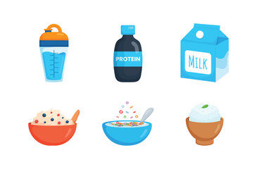Vector illustration of a healthy meal plate, protein based essential nutritional  concepts.Whey protein, Protein bottles,Milk box,Yogurt and fruit in bowl, serial and milk in bowl, rice in a cup.