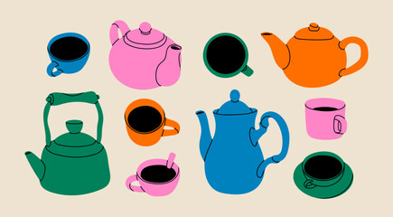 Set of various cups, mugs and teapots with fresh hot tea. Hand drawn colorful Vector illustration. Isolated design elements. Natural tasty drink, tea party, ceremony, hot healthy beverage concept - obrazy, fototapety, plakaty