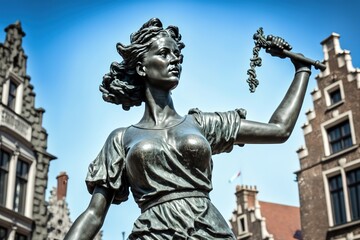 ANTWERP, BELGIUM - AUGUST 05, 2012: Bronze statue of a woman throwing a rope in the ancient historic medieval old town, AI generated