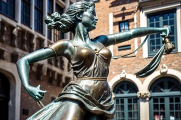 Fototapeta premium ANTWERP, BELGIUM - AUGUST 05, 2012: Bronze statue of a woman throwing a rope in the ancient historic medieval old town, AI generated