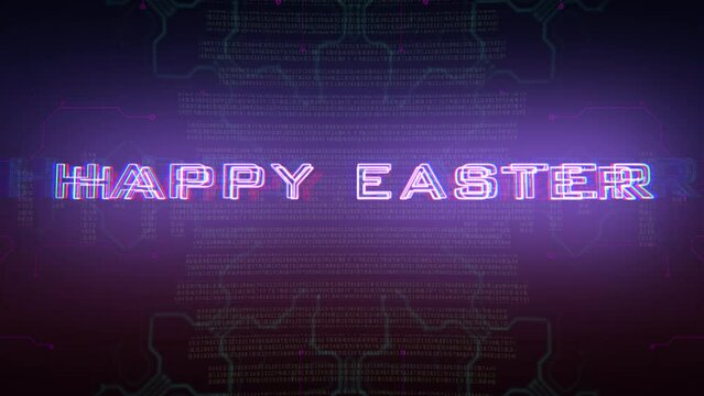 Happy Easter with cyberpunk HUD elements on computer screen, motion abstract holidays, futuristic and cyberpunk style background