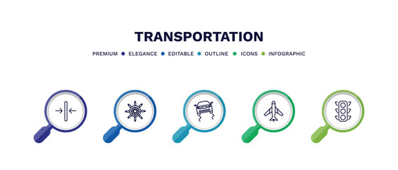 set of transportation thin line icons. transportation outline icons with infographic template. linear icons such as slim, ship wheel, slippy road, airplane pointing up, car traffic vector.