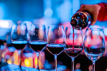 Female hands holding a decanter with wine, pour wine into a glass, tasting,pouring red wine glasses...