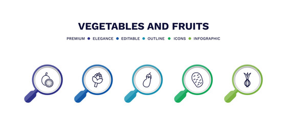 set of vegetables and fruits thin line icons. vegetables and fruits outline icons with infographic template. linear icons such as passion fruit, artichoke, eggplant, potato, onion vector.