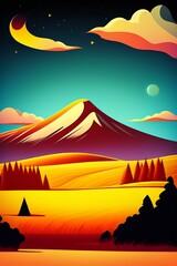 Grassland and mountain background, cartoon illustration style, Typography. Background for a poster, t-shirt or banner
