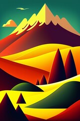 Grassland and mountain background, cartoon illustration style, Typography. Background for a poster, t-shirt or banner