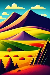 Grassland and mountain background, cartoon illustration style, Typography. Background for a poster, t-shirt or banner