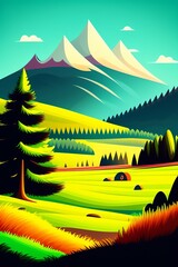 Grassland and mountain background, cartoon illustration style, Typography. Background for a poster, t-shirt or banner