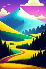 Grassland and mountain background, cartoon illustration style, Typography. Background for a poster, t-shirt or banner