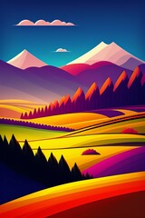 Grassland and mountain background, cartoon illustration style, Typography. Background for a poster, t-shirt or banner