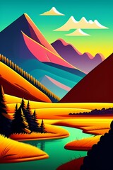 Grassland and mountain background, cartoon illustration style, Typography. Background for a poster, t-shirt or banner