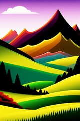 Grassland and mountain background, cartoon illustration style, Typography. Background for a poster, t-shirt or banner