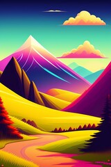 Grassland and mountain background, cartoon illustration style, Typography. Background for a poster, t-shirt or banner