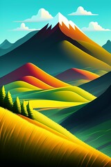 Grassland and mountain background, cartoon illustration style, Typography. Background for a poster, t-shirt or banner