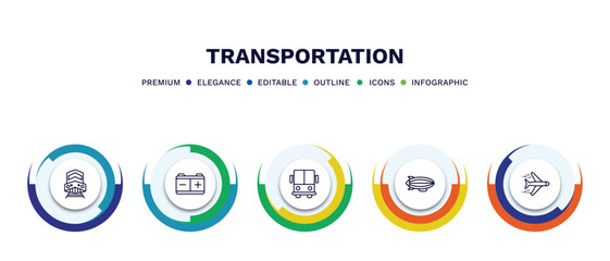 set of transportation thin line icons. transportation outline icons with infographic template. linear icons such as diesel train, workshop repair, public transport, blimp, airplane flying vector.