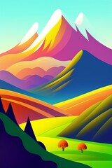 Grassland and mountain background, cartoon illustration style, Typography. Background for a poster, t-shirt or banner