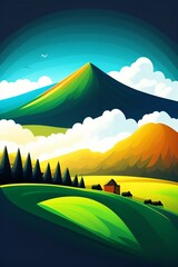 Grassland and mountain background, cartoon illustration style, Typography. Background for a poster, t-shirt or banner
