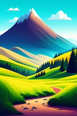 Grassland and mountain background, cartoon illustration style, Typography. Background for a poster, t-shirt or banner