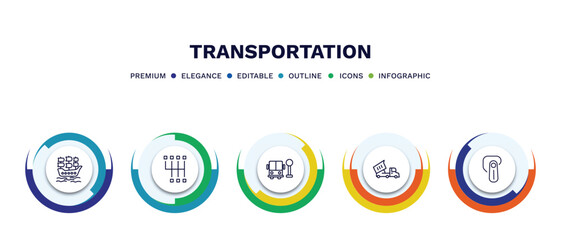 set of transportation thin line icons. transportation outline icons with infographic template. linear icons such as galleon, shift, school bus stop, heavy vehicle, hands free device vector.