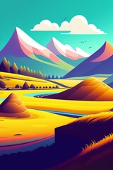 Grassland and mountain background, cartoon illustration style, Typography. Background for a poster, t-shirt or banner