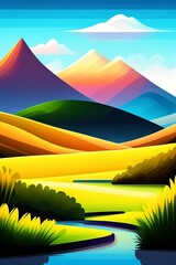 Grassland and mountain background, cartoon illustration style, Typography. Background for a poster, t-shirt or banner
