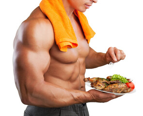 A young man muscular holds meat, diet healthy concept
