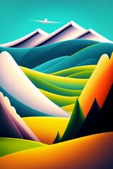 Grassland and mountain background, cartoon illustration style, Typography. Background for a poster, t-shirt or banner
