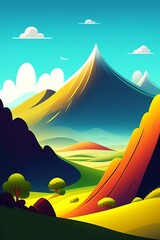Grassland and mountain background, cartoon illustration style, Typography. Background for a poster, t-shirt or banner