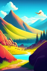 Grassland and mountain background cartoon illustration style background for a poster t-shirt or banner