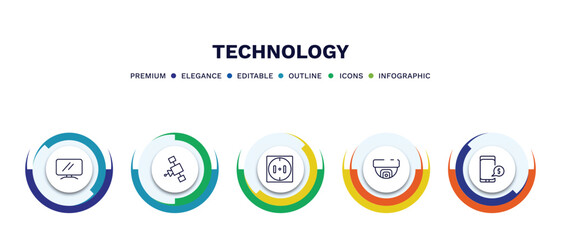 set of technology thin line icons. technology outline icons with infographic template. linear icons such as lcd screen, satellite in orbit, round socket, surveillance camera, receive money message