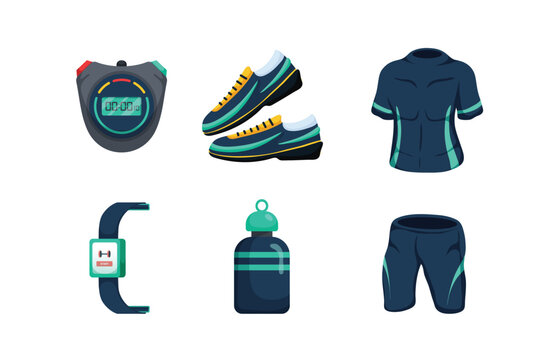 Sport equipment isometric vector set.Fitness and excercise inventory,gym accessories.Healthy lifestyle concepts.timer for exercise,exercise shoes and sneaker,cycling jerseys, Dumbbell weight
