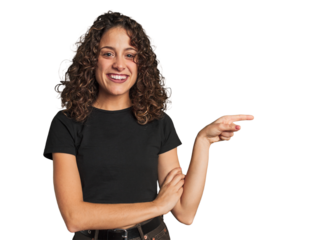 Radiant young woman with stunning curls smiling cheerfully pointing with forefinger away.