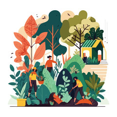 World environment day with people are taking care of the earth by gardening and cleaning save planet. Flat style vector illustration.