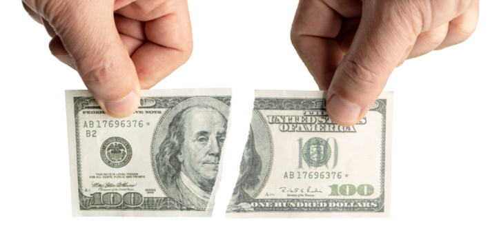 Hand holding torn dollar banknote isolated