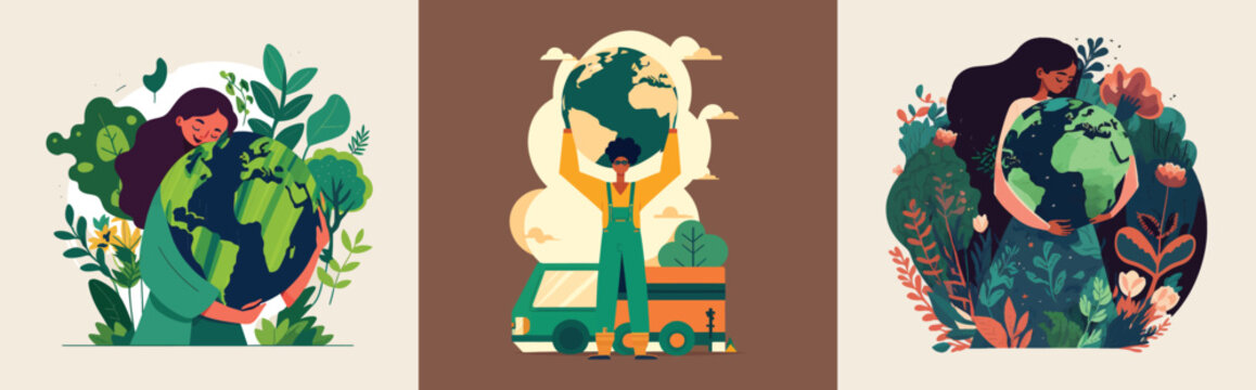 Set of Young woman embraces green planet Earth with care and love. Vector illustration of Earth day and saving planet. Environment conservation and energy saving concept.
