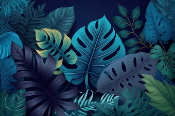 Fototapeta na wymiar Background of a tangle of tropical leaves in the colors , green, blue and turquoise, Generative AI