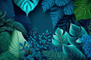 Background of tropical leaves in the colors , green, blue and turquoise, Generative AI